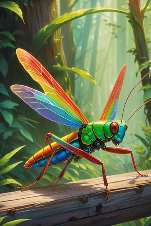 High Quality, Masterpiece, An illustration, bestquality, best aesthetic, digital painting, ((oil painting)), [: Semi-realistic, oil painting, a digital illustration of a rainbow grasshopper  with a pair of wings sitting on a fence post in a magical forrest. The image has a fantasy theme. Use vibrant colors and details, artwork_(digital), 