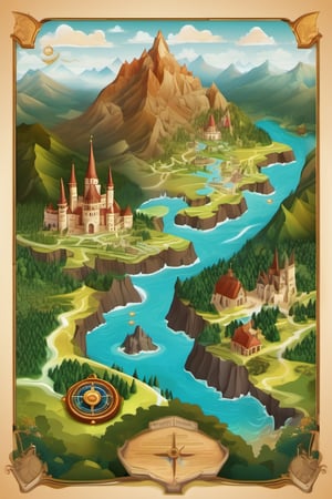 Illustration of a 2D map of a fantasy land with 3D mountains, 3D castles, 3D Forrests, oceans surrounding the map and an old fashioned compass in the top left corner, 2 rivers running through the land, ColorART,Leonardo Style,ColorART,arcane