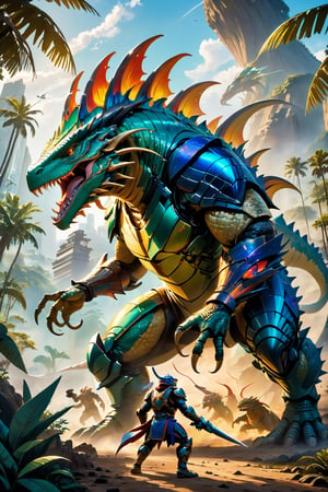 Prehistoric setting, large humanoid lizard wearing futuristic armour, fighting  a prehistoric animal to the death