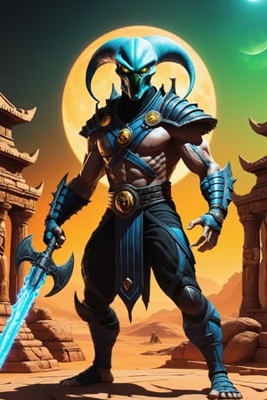 Illustrate an alien warrior, mix of animal and humanoid, in the style of the game Mortal Kombat, holding an alien weapons, set in an ancient temple on a distant planet