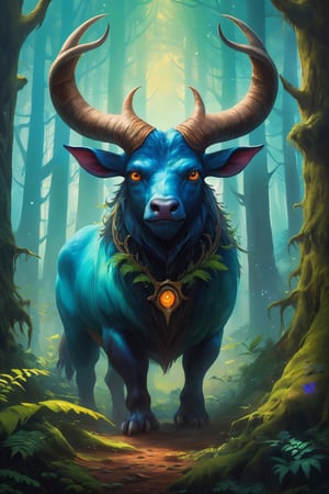 High Quality, Masterpiece, An illustration, bestquality, best aesthetic, digital painting, ((oil painting)), [: Semi-realistic, oil painting, a digital illustration of a one eyed triple horned beast in a magical forrest. The image has a fantasy theme. Use vibrant colors and details, artwork_(digital), 
