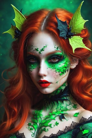 Cute female wearing a Halloween costume in the style of the Batman character poison ivy. Dark menacing background with bats flying around.