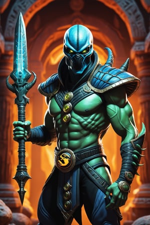 Illustrate an alien warrior, mix of animal and humanoid, in the style of the game Mortal Kombat, holding an alien weapons, set in an ancient temple on a distant planet