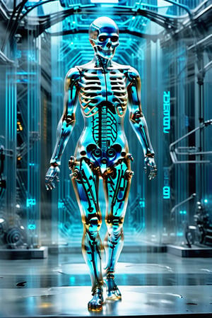 Crystal clear full skeleton, blue in colour, cybernetic workings visible, wheels, set against a futuristic city background, 