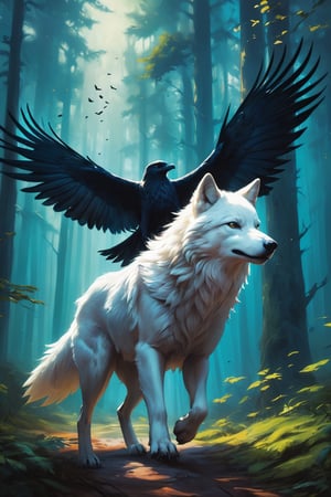 High Quality, Masterpiece, An illustration, bestquality, best aesthetic, digital painting, ((oil painting)), [: Semi-realistic, oil painting, a digital illustration of a white wolf following a Raven bird flying ahead of him. The background consists of a dark Forrest. The image has a fantasy theme. Use vibrant colors and details to create a contrast between the male and his surroundings, artwork_(digital), 