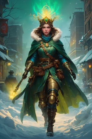(art by Ary Scheffer:0.8) ,art by Hans Zatzka, High Quality, Masterpiece, An illustration, bestquality, best aesthetic, digital painting, ((oil painting)), [: Semi-realistic, oil painting, a digital illustration of a female version of the winter solder, The background consists of a dark, urban setting, The image has a fantasy theme. Use vibrant colors and details to create a contrast between the creature and the environment : 3], scary green radioactive light set, artwork_(digital), DonMDj1nnM4g1cXL 