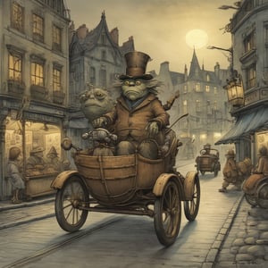 the lonely monster driving an Unconventional Cars in a dark city, by Gris Grimly, Maurice Sendak, Tim Burton, in the style of Jean-Baptiste Monge, Remedios Varo, Juni Ito, Giorgio De Chirico :: 8k resolution concept art trending on Artstation :: hyperdetailed medium shot, vignette :: 8K resolution hyperdetailed intricate liminal eerie precisionism :: DSLR filmic,ZilleAI