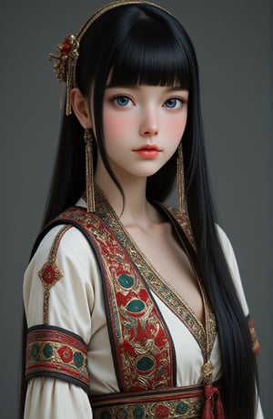 Super detailed, super realistic, beautiful Nordic girl with long hair and blunt bangs,
 Wearing ancient national costume, long straight black hair, Yakut national costume, (beautiful blue eyes), almond eyes, intricate textiles decorated with colorful and intricate geometric patterns, arms decorated with decorative embroidery.
Beautiful crystal blue eyes, almond eyes, complex fabric decorated with colorful and intricate geometric patterns, white, red and green and other earth tones clothes,, aw0k euphoric style,, perfect imitation of TaisaSDXL, dal, ct-identityV2