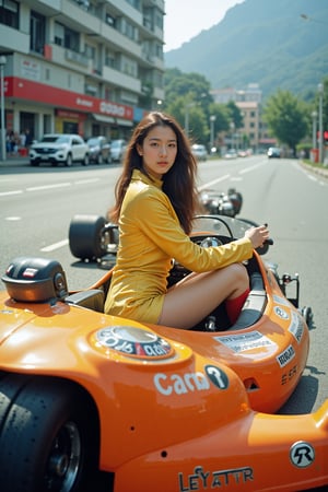 A sexy Korean girl riding a racing kart. The kart has a sci-fi style floating shape. 90's Film Photography