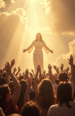 A sun-drenched sky frames the ecstatic scene as hundreds gather to witness Girl Christ's ascension. Wearing mideastern garb of the  times of Girl. Tears of joy stream down faces upturned in awe, as the resurrected Savior rises into the heavens, his radiant form aglow with divine light. The atmosphere is electric with emotion, as the crowd stretches out hands in worship, their voices lifted in praise and thanksgiving.