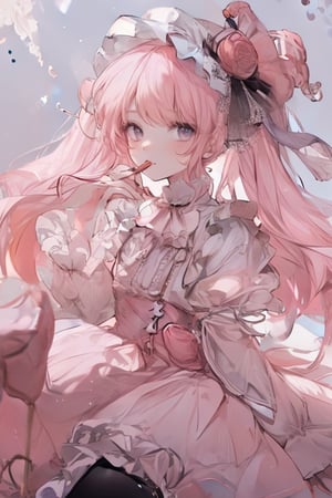 ((masterpiece)), ((best quality)), (ultra-detailed), ((extremely detailed)), best quality, (beautiful), a cute girl, 1girl, gothic lolita costume, beautiful pink hair, beautiful light blue eyes, ((beautiful eyes)), hair ornaments, smile, cool, sparkling effect, heart effect, ((lolita dress)), {low saturation color}, candy, lollipop, (candy in the air), (((PINK lolita))), gothic lolita, sweet Lolita, white and pink clothes, clothes that don't show skin, thick sweet Lolita, frilly sweet Lolita, skirt with lots of frills, frilly dress, long sleeves, frilly at the sleeves, knee-high white stockings, graceful, (glowing pink light)
