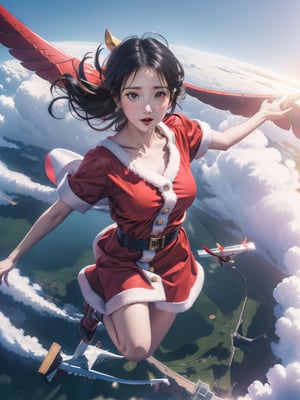 (masterpiece), (best quality), (ultra-detailed),  (Santa girl on his way), (((Soaring in the sky:1.5))), (((Santa girl delivering gift))), overexposure, bokeh