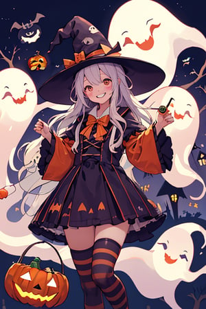 (masterpiece), night, scenery, 1girl, halloween striped thighhighs, witch hat, grin, (ghost:1.3), sweets, candy, cookie, chocolate, string of flags, halloween costume, jack-o'-lantern bucket, halloween