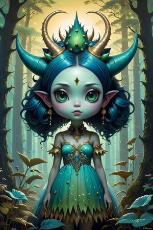 a blue and green cute little forest monster with horns on it's head in style of tom bagshaw, big reflective eyes, spiky, glittering painting, fairytale atmosphere, golden glowing, soft glow colors, insane detailed, vivid tonal range, rim lighting, sunset, intricate detail, fantasy art, sharp focus, 16k, ue5, style of takashi murakami , ake