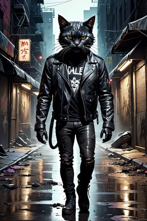 creepy badass anthrophomorfic cat with black leather jacket walking in a dirty city street, tales of the night, ultra detailed, style of Dan Mora