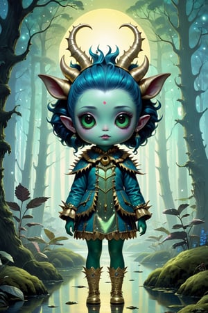 a blue and green cute little forest monster with horns on it's head in style of tom bagshaw, big reflective eyes, spiky, glittering painting, fairytale atmosphere, golden glowing, soft glow colors, insane detailed, vivid tonal range, rim lighting, sunset, intricate detail, fantasy art, sharp focus, 16k, ue5, style of takashi murakami , ake