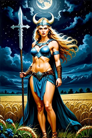 viking heroin goddess in the field against dark forces of the night, heroic warrior, proud woman, oil on canvas, masterpiece, by ake