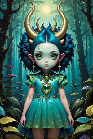 a blue and green cute little forest monster with horns on it's head in style of tom bagshaw, big reflective eyes, spiky, glittering painting, fairytale atmosphere, golden glowing, soft glow colors, insane detailed, vivid tonal range, rim lighting, sunset, intricate detail, fantasy art, sharp focus, 16k, ue5, style of takashi murakami , ake