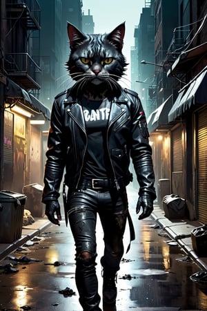 creepy badass anthrophomorfic cat with black leather jacket walking in a dirty city street, tales of the night, ultra detailed, style of Dan Mora