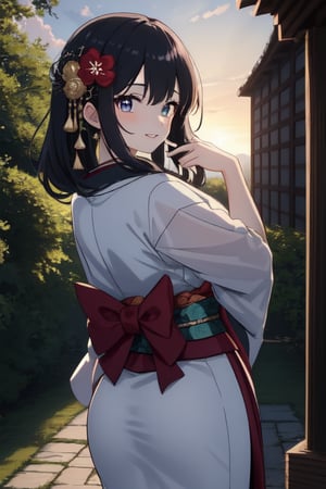 A serene Japanese maiden stands alone amidst a lush, verdant backdrop. Her long, raven-black locks cascade down her back, adorned with a traditional hair ornament that catches the soft, warm light of the setting sun. Her bangs frame her heart-shaped face, where a subtle, enigmatic smile plays on her lips. Her eyes, like polished black jewels, seem to hold a secret as she gazes directly at the viewer. A delicate hair flower is nestled among her tresses, adding a touch of whimsy to her demure kimono-clad figure. The sash that cinches her waist is a vibrant splash of color against the muted tones of her outdoor surroundings.(masterpiece:1.4), Best Quality, 16k, ultra-detailed, finely detailed, high resolution, perfect dynamic composition ,detailed eyes, detailed background ,depth of fields ,perfect proportion ,hyperdetailing skin, cinematic lighting, white dress