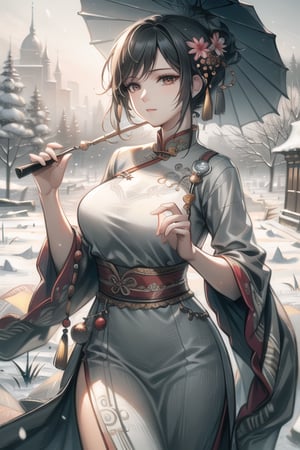 1women, mature, masterpiece, sharp focus, best quality, depth of field, cinematic lighting, , (illustration, 8k CG, extremely detailed), masterpiece, ultra-detailed, in the snow, playing flute with sadness, long chinese dress