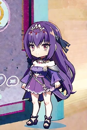 ((best quality)), ((masterpiece)), detailed,cute, cls_chibi,midjourney,FGO, purple long hair, standing