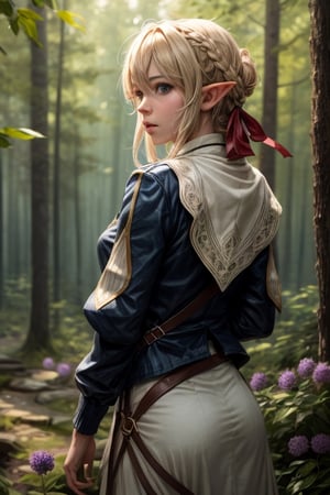 (4k), (masterpiece), (best quality),(extremely intricate), (realistic), (sharp focus), (cinematic lighting), (extremely detailed),

A young beautiful high elf archer girl posing with back turned to the viewer in an enchanted forest.

,flower4rmor, flowers in hair, Flower, flower silk
,pointy ears
,BiophyllTech
,LODBG,violet evergarden
blonde hair
blue eyes
hair ribbon
ribbon
blue jacket