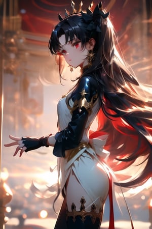 masterpiece, best quality,ishtar, ahoge, black bow, bow, black hair, earrings, hair bow, hair ornament, jewelry, long hair, (red eyes:1.5), (small breast:1.2) bare shoulders, elbow gloves, fingerless gloves, gloves, long sleeves, revealing clothes, single elbow glove, thighs,glitter