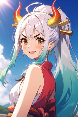 yamato, ahoge, aqua hair, (brown eyes:1.5), curled horns, earrings, green hair, grey hair, hair ornament, hair stick, high ponytail, horns, long hair, multicolored hair, multicolored horns, oni, red horns, shimenawa, sidelocks, v-shaped eyebrows, very long hair, 