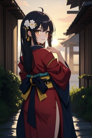 A serene Japanese maiden stands alone amidst a lush, verdant backdrop. Her long, raven-black locks cascade down her back, adorned with a traditional hair ornament that catches the soft, warm light of the setting sun. Her bangs frame her heart-shaped face, where a subtle, enigmatic smile plays on her lips. Her eyes, like polished black jewels, seem to hold a secret as she gazes directly at the viewer. A delicate hair flower is nestled among her tresses, adding a touch of whimsy to her demure kimono-clad figure. The sash that cinches her waist is a vibrant splash of color against the muted tones of her outdoor surroundings.(masterpiece:1.4), Best Quality, 16k, ultra-detailed, finely detailed, high resolution, perfect dynamic composition ,detailed eyes, detailed background ,depth of fields ,perfect proportion ,hyperdetailing skin, cinematic lighting, yellow dress