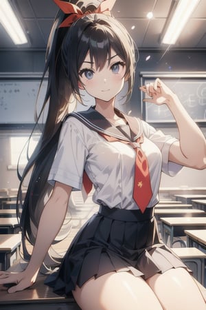 anime style beautiful woman, 1girl, (ponytail), (long hair), (smile), (((Classroom, blurry background))),
Slender, skinny, (turime), thick eyebrows, 
(school uniform), (sailor uniform), ((red sailor tie)), (white sailor blouse),  
vibrant colors, sharp focus, best quality, depth of field, cinematic lighting, (illustration, 8k CG, extremely detailed), ultra-detailed, high resolution, firefliesfireflies, perfect light, 
stylish pose, 8k, very clear, highest quality, high resolution. best quality, illustration, sax blue,  (dynamic lighting:1.2), cinematic lighting, delicate facial features, detailed eyes, sharp pupils, realistic pupils, depth of field, bokeh, sharp focus, (hyper-detailed, bloom, glow:1.4), many small gems, 
 Classroom,light,see-through,glitter,IncrsAnyasHehFaceMeme