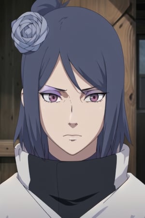 masterpiece, best quality, konan, purple hair, makeup, mature female, japanese clothes, serious, closed_mouth,perfecteyes