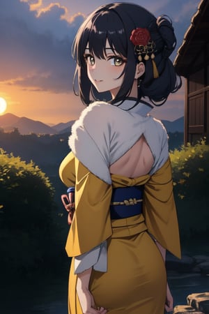 A serene Japanese maiden stands alone amidst a lush, verdant backdrop. Her long, raven-black locks cascade down her back, adorned with a traditional hair ornament that catches the soft, warm light of the setting sun. Her bangs frame her heart-shaped face, where a subtle, enigmatic smile plays on her lips. Her eyes, like polished black jewels, seem to hold a secret as she gazes directly at the viewer. A delicate hair flower is nestled among her tresses, adding a touch of whimsy to her demure kimono-clad figure. The sash that cinches her waist is a vibrant splash of color against the muted tones of her outdoor surroundings.(masterpiece:1.4), Best Quality, 16k, ultra-detailed, finely detailed, high resolution, perfect dynamic composition ,detailed eyes, detailed background ,depth of fields ,perfect proportion ,hyperdetailing skin, cinematic lighting, yellow dress