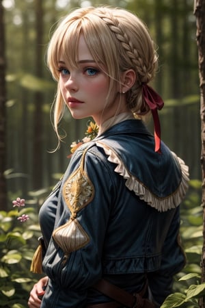 (4k), (masterpiece), (best quality),(extremely intricate), (realistic), (sharp focus), (cinematic lighting), (extremely detailed),

A young beautiful high archer girl posing with back turned to the viewer in an enchanted forest.

,flower4rmor, flowers in hair, Flower, flower silk
,BiophyllTech
,LODBG,violet evergarden
blonde hair
blue eyes
hair ribbon
ribbon
blue jacket
