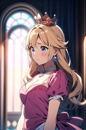 best quality, master piece, 1girl, Peach_SMP, long wavy blonde hair, crown, princess, pink dress, white gloves 