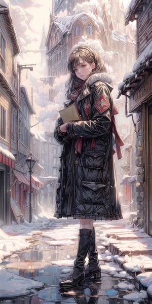 ((best quality)), ((masterpiece)), ((realistic)), girl in heavy winter clothes, holding some books, melancholy feeling, city with war ruins, year 1940, snow, cobblestone street, chimneys coming out smoke,
,best quality,1 girl
