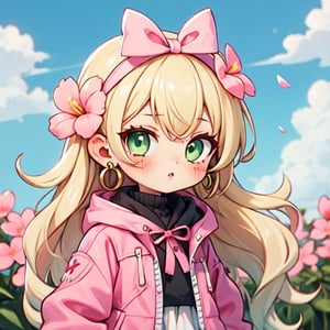 godoacrime, 1girl, among us, chibi, wavy long hair, blonde hair, beautiful eyes, green eyes, white European-style adventurer clothing, pink ribbon bow on the head,pink flower earrings, pink jacket,cls_chibi, kinfe with blood