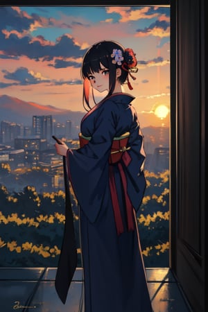 A serene Japanese maiden stands alone amidst a lush, verdant backdrop. Her long, raven-black locks cascade down her back, adorned with a traditional hair ornament that catches the soft, warm light of the setting sun. Her bangs frame her heart-shaped face, where a subtle, enigmatic smile plays on her lips. Her eyes, like polished black jewels, seem to hold a secret as she gazes directly at the viewer. A delicate hair flower is nestled among her tresses, adding a touch of whimsy to her demure kimono-clad figure. The sash that cinches her waist is a vibrant splash of color against the muted tones of her outdoor surroundings.(masterpiece:1.4), Best Quality, 16k, ultra-detailed, finely detailed, high resolution, perfect dynamic composition ,detailed eyes, detailed background ,depth of fields ,perfect proportion ,hyperdetailing skin, cinematic lighting, yellow dressm sunset