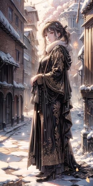 ((best quality)), ((masterpiece)), ((realistic)), girl in heavy winter clothes, holding some books, melancholy feeling, city with war ruins, year 2050, snow, cobblestone street, chimneys coming out smoke,
,best quality,1 girl, delicated face, beautiful eye