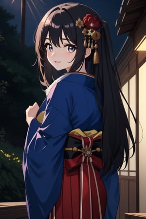 A serene Japanese maiden stands alone amidst a lush, verdant backdrop. Her long, raven-black locks cascade down her back, adorned with a traditional hair ornament that catches the soft, warm light of the setting sun. Her bangs frame her heart-shaped face, where a subtle, enigmatic smile plays on her lips. Her eyes, like polished black jewels, seem to hold a secret as she gazes directly at the viewer. A delicate hair flower is nestled among her tresses, adding a touch of whimsy to her demure kimono-clad figure. The sash that cinches her waist is a vibrant splash of color against the muted tones of her outdoor surroundings.(masterpiece:1.4), Best Quality, 16k, ultra-detailed, finely detailed, high resolution, perfect dynamic composition ,detailed eyes, detailed background ,depth of fields ,perfect proportion ,hyperdetailing skin, cinematic lighting, 