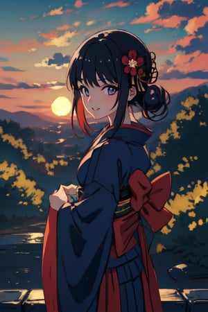 A serene Japanese maiden stands alone amidst a lush, verdant backdrop. Her long, raven-black locks cascade down her back, adorned with a traditional hair ornament that catches the soft, warm light of the setting sun. Her bangs frame her heart-shaped face, where a subtle, enigmatic smile plays on her lips. Her eyes, like polished black jewels, seem to hold a secret as she gazes directly at the viewer. A delicate hair flower is nestled among her tresses, adding a touch of whimsy to her demure kimono-clad figure. The sash that cinches her waist is a vibrant splash of color against the muted tones of her outdoor surroundings.(masterpiece:1.4), Best Quality, 16k, ultra-detailed, finely detailed, high resolution, perfect dynamic composition ,detailed eyes, detailed background ,depth of fields ,perfect proportion ,hyperdetailing skin, cinematic lighting, purple dress, sunrise