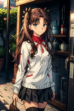 best quality, (masterpiece:1.2), highly detailed, tohsaka rin,1girl, solo, standing, looking at the viewer, smile, closed mouth, slight blush,long hair, two side up, brown hair, blue eyes, hair ribbon,red turtleneck, long sleeves, pleated skirt, black skirt, black thighhighs, end of the earth background