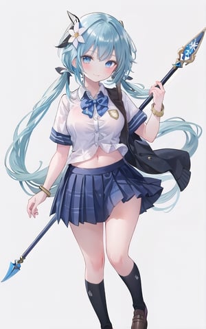 1girl, solo, weapon, skirt, shiny, polearm, holding, full body, simple background, long hair, navel, shoes, holding weapon, shiny hair, bangs, looking at viewer, smile, short sleeves, loafers, bow, pleated skirt, blue hair, socks, shiny skin, bowtie, breasts, naginata, medium breasts, bracelet, jewelry, closed mouth, white background, page number, kneehighs, buttons, school uniform, shirt, brown footwear, spear, black socks, stomach, blue skirt, white shirt, blush, low twintails, hair ornament, shiny clothes, braid, twintails, holding polearm, floral background, plaid, fingernails, hand up