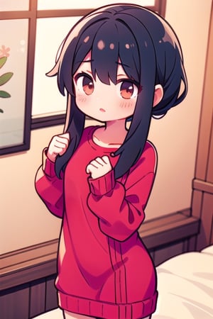 cute, masterpiece, best quality, BBYORF,  SHORT HAIR WITH LONG LOCKS, red sweater dress