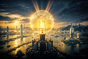(((Hong Kong city within a big light bulb))), Hong Kong city, light bulb, concept art, ((orange colour theme)), Volumetric lighting, crepuscular ray, sunset, golden light
