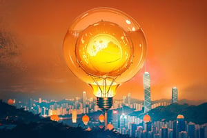 (((Hong Kong city within a big light bulb))), concept art, ((orange colour theme)),