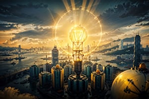 (((Hong Kong city within a big light bulb))), Hong Kong city, light bulb, concept art, ((orange colour theme)), Volumetric lighting, crepuscular ray, sunset, golden light