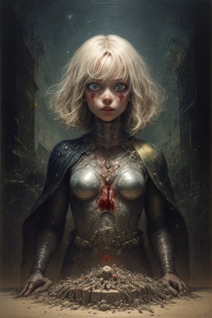 1girl, Detailedface, Detailedeyes, pretty face, cute face, holding a great sword in a ruined post-apocalyptic city, sci-fi, fantasy, horror, skulls on the ground, blood, Storm

(((James Ensor,Unica Zurn,Zdzislaw Beksinki))) 

sci-fi, fantasy, horror, 

Paranormal,Apparition,

(Metallics:1.1), (Shape:1.1),  (Monotyping:1.1), (Strobe light:1.2), Stone, Rhombus, ultra detailed, intricate, oil on canvas, dry brush,AgoonGirl