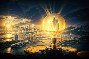 (((Hong Kong city within a big light bulb))), Hong Kong city, light bulb, concept art, ((orange colour theme)), Volumetric lighting, crepuscular ray, sunset, golden light