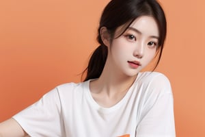 1 beautiful Korean girl, orange_background, white t-shirt